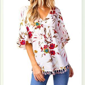 Kori America BLOSSOM Surplice Neck Multi Color Fringe Top Small Floral Tassel